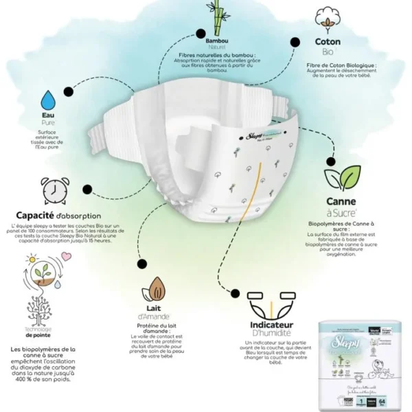 Sleepy Couches BIO natural Jumbo Taille 2 – 3-6KG – 68 Unités
